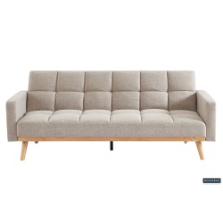 canapé-lit, Adana, tissu beige, tissu gris, canapé convertible, mousse froide, bois d’eucalyptus, meuble gain de place, couchage