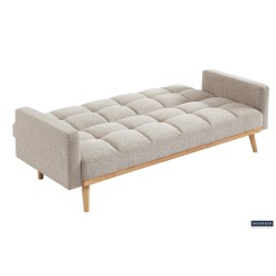 canapé-lit, Adana, tissu beige, tissu gris, canapé convertible, mousse froide, bois d’eucalyptus, meuble gain de place, couchage