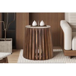 Table d’appoint Luuk Ø 40 × H 50 cm Manguier/Travertin Beige – Style Naturel