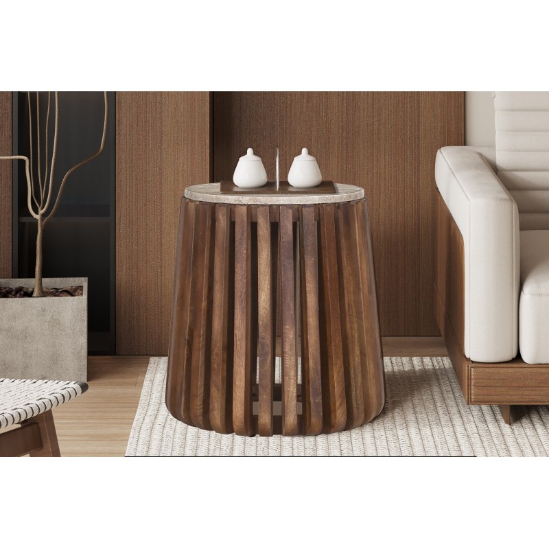 Table d’appoint Luuk Ø 40 × H 50 cm Manguier/Travertin Beige – Style Naturel