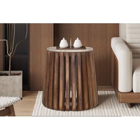 Table d’appoint Luuk Ø 40 × H 50 cm Manguier/Travertin Beige – Style Naturel