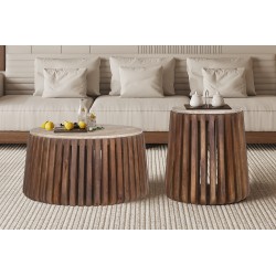 Table d’appoint Luuk Ø 40 × H 50 cm Manguier/Travertin Beige – Style Naturel
