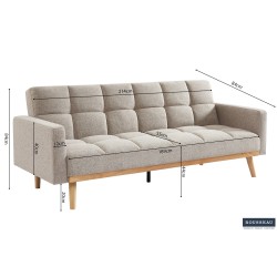 canapé-lit, Adana, tissu beige, tissu gris, canapé convertible, mousse froide, bois d’eucalyptus, meuble gain de place, couchage