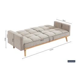 canapé-lit, Adana, tissu beige, tissu gris, canapé convertible, mousse froide, bois d’eucalyptus, meuble gain de place, couchage