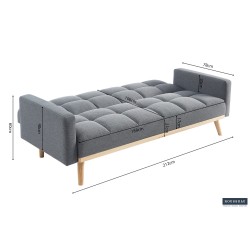 canapé-lit, Adana, tissu beige, tissu gris, canapé convertible, mousse froide, bois d’eucalyptus, meuble gain de place, couchage