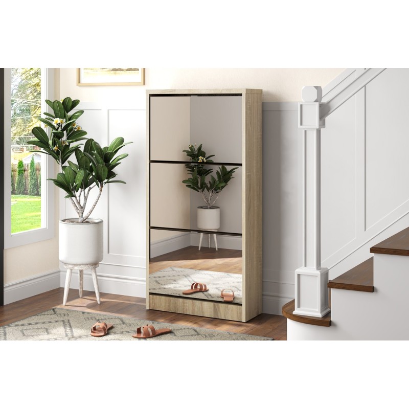 Meuble chaussures Mex 3 tiroirs + miroir décor Sonoma – H 123 × L 60,5 × P 23,5 cm