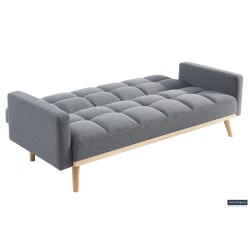canapé-lit, Adana, tissu beige, tissu gris, canapé convertible, mousse froide, bois d’eucalyptus, meuble gain de place, couchage