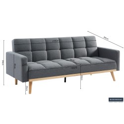 canapé-lit, Adana, tissu beige, tissu gris, canapé convertible, mousse froide, bois d’eucalyptus, meuble gain de place, couchage