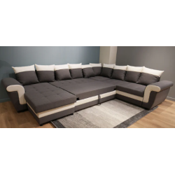 salon panoramique, canapé Latte, canapé-lit, convertible, avec coffre, 7 places, méridienne réversible, tissu gris, simili blanc
