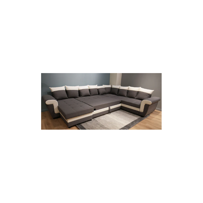 salon panoramique, canapé Latte, canapé-lit, convertible, avec coffre, 7 places, méridienne réversible, tissu gris, simili blanc