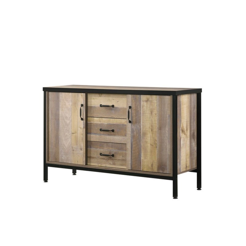 Buffet MTL-19 en bois recyclé imitation chêne – 2 portes & 3 tiroirs