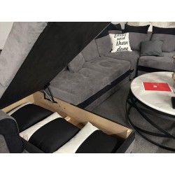 salon panoramique, canapé Latte, canapé-lit, convertible, avec coffre, 7 places, méridienne réversible, tissu gris, tissu noir