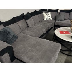 salon panoramique, canapé Latte, canapé-lit, convertible, avec coffre, 7 places, méridienne réversible, tissu gris, tissu noir