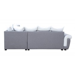 salon panoramique, canapé Latte, canapé-lit, convertible, avec coffre, 7 places, méridienne réversible, tissu gris, simili blanc