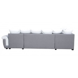 salon panoramique, canapé Latte, canapé-lit, convertible, avec coffre, 7 places, méridienne réversible, tissu gris, simili blanc