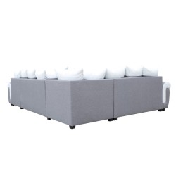 salon panoramique, canapé Latte, canapé-lit, convertible, avec coffre, 7 places, méridienne réversible, tissu gris, simili blanc