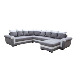 salon panoramique, canapé Latte, canapé-lit, convertible, avec coffre, 7 places, méridienne réversible, tissu gris, simili blanc
