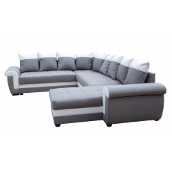 salon panoramique, canapé Latte, canapé-lit, convertible, avec coffre, 7 places, méridienne réversible, tissu gris, simili blanc