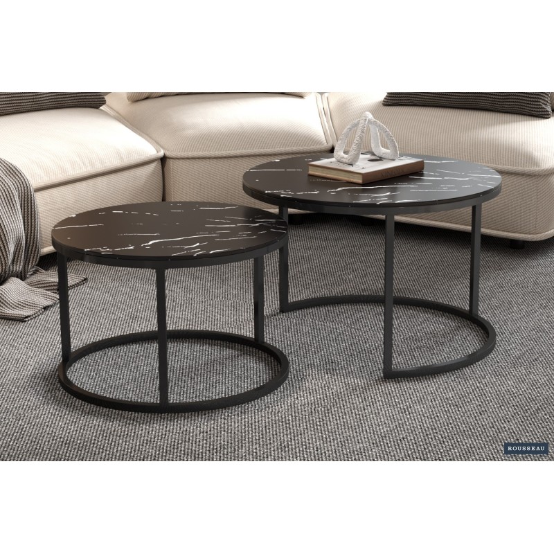Table basse “Boston” marbre noir – plateau verre & cadre effet sable, 80×80 × 45 cm