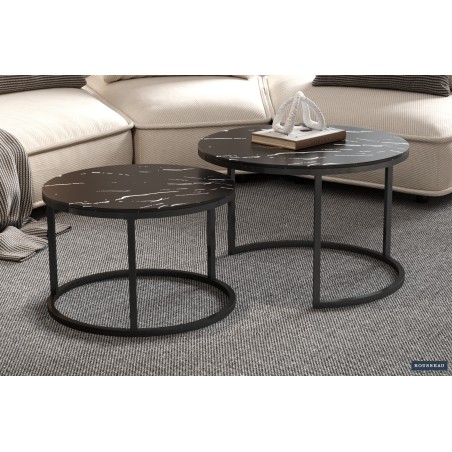 Table basse “Boston” marbre noir – plateau verre & cadre effet sable, 80×80 × 45 cm