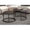 Table basse “Boston” marbre noir – plateau verre & cadre effet sable, 80×80 × 45 cm