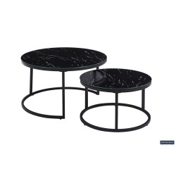 Table basse “Boston” marbre noir – plateau verre & cadre effet sable, 80×80 × 45 cm
