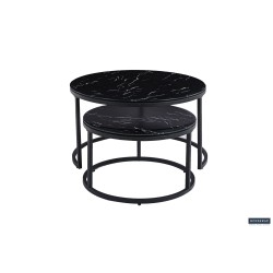 Table basse “Boston” marbre noir – plateau verre & cadre effet sable, 80×80 × 45 cm