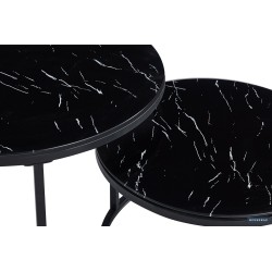 Table basse “Boston” marbre noir – plateau verre & cadre effet sable, 80×80 × 45 cm