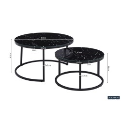 Table basse “Boston” marbre noir – plateau verre & cadre effet sable, 80×80 × 45 cm