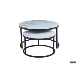 Table basse Boston Marbre Blanc – Cadre sable & plateau verre effet marbré 80×80×45 cm