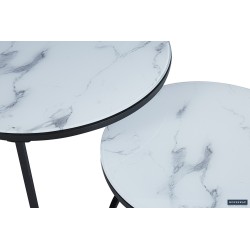 Table basse Boston Marbre Blanc – Cadre sable & plateau verre effet marbré 80×80×45 cm