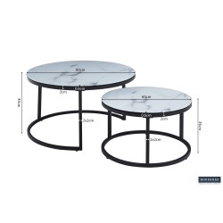 Table basse Boston Marbre Blanc – Cadre sable & plateau verre effet marbré 80×80×45 cm