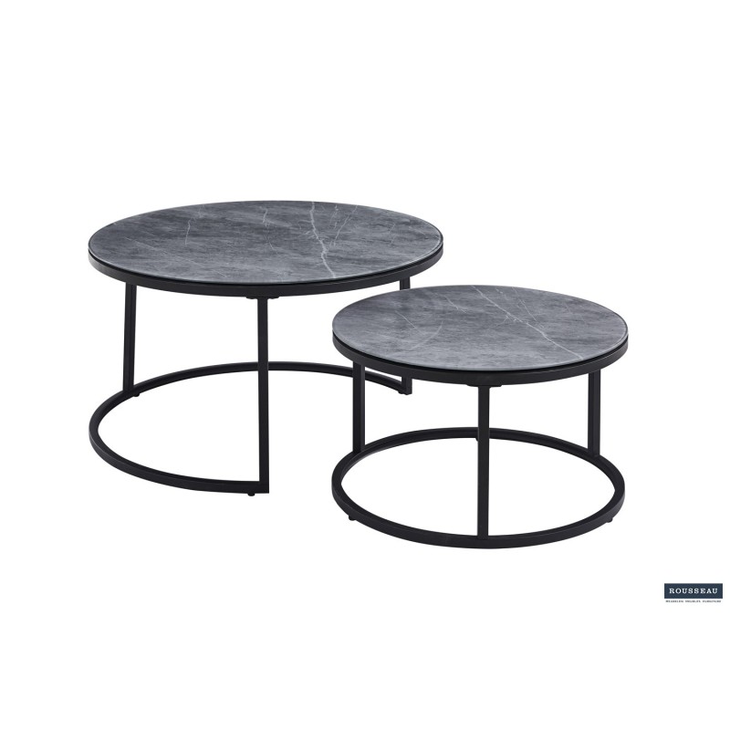 Table basse Boston Verre Gris Pierre – Plateau verre effet marbre, Ø 80 × H 45 cm