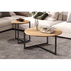 Set tables basses Pola Chêne Vieilli – Ø 80 cm & Ø 45 cm, structure sable décor MDF