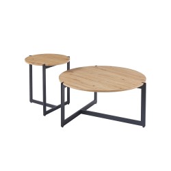 Set tables basses Pola Chêne Vieilli – Ø 80 cm & Ø 45 cm, structure sable décor MDF