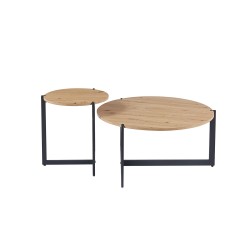 Set tables basses Pola Chêne Vieilli – Ø 80 cm & Ø 45 cm, structure sable décor MDF