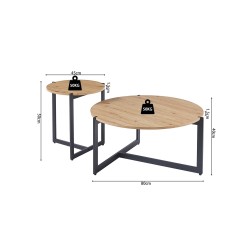 Set tables basses Pola Chêne Vieilli – Ø 80 cm & Ø 45 cm, structure sable décor MDF