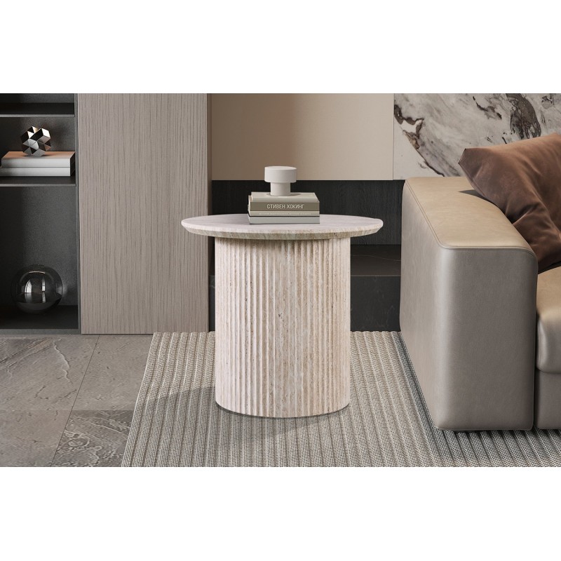 Table basse Lagos Ø 50 cm Travertin Beige – Plateau MDF 25 mm 3D, H 46 cm