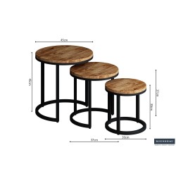 Set de 3 tables d’appoint Plano mango – bois massif & métal, Hauteurs 30/37/45 cm