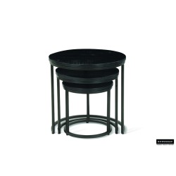 Set de 3 tables d’appoint Plano — Manguier noir sur structure métal, Ø 30/37/45 cm