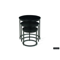 Set de 3 tables d’appoint Plano — Manguier noir sur structure métal, Ø 30/37/45 cm