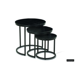Set de 3 tables d’appoint Plano — Manguier noir sur structure métal, Ø 30/37/45 cm