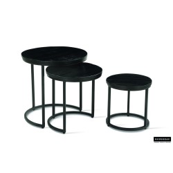 Set de 3 tables d’appoint Plano — Manguier noir sur structure métal, Ø 30/37/45 cm