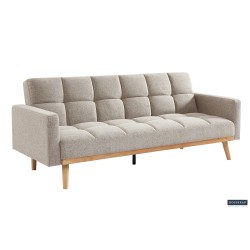 canapé-lit, Adana, tissu beige, tissu gris, canapé convertible, mousse froide, bois d’eucalyptus, meuble gain de place, couchage