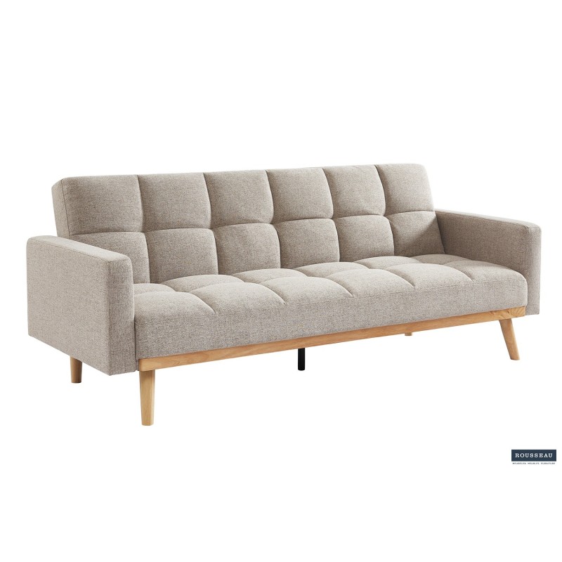 canapé-lit, Adana, tissu beige, tissu gris, canapé convertible, mousse froide, bois d’eucalyptus, meuble gain de place, couchage