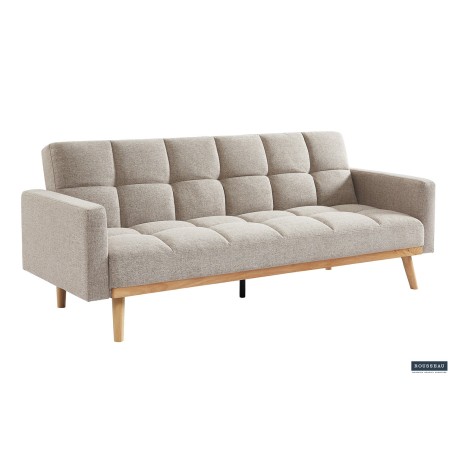canapé-lit, Adana, tissu beige, tissu gris, canapé convertible, mousse froide, bois d’eucalyptus, meuble gain de place, couchage