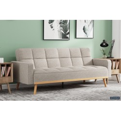 canapé-lit, Adana, tissu beige, tissu gris, canapé convertible, mousse froide, bois d’eucalyptus, meuble gain de place, couchage