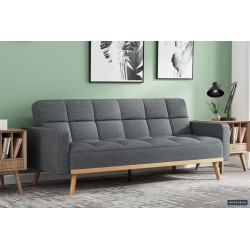 canapé-lit, Adana, tissu beige, tissu gris, canapé convertible, mousse froide, bois d’eucalyptus, meuble gain de place, couchage