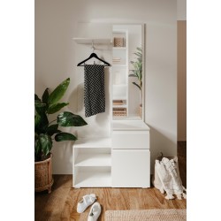 Meuble d’entrée Image 41B – Mélamine blanche – Porte, tiroir, miroir & penderie