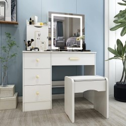 Coiffeuse DS-10 Sitwell – Blanc – Miroir LED et tabouret inclus